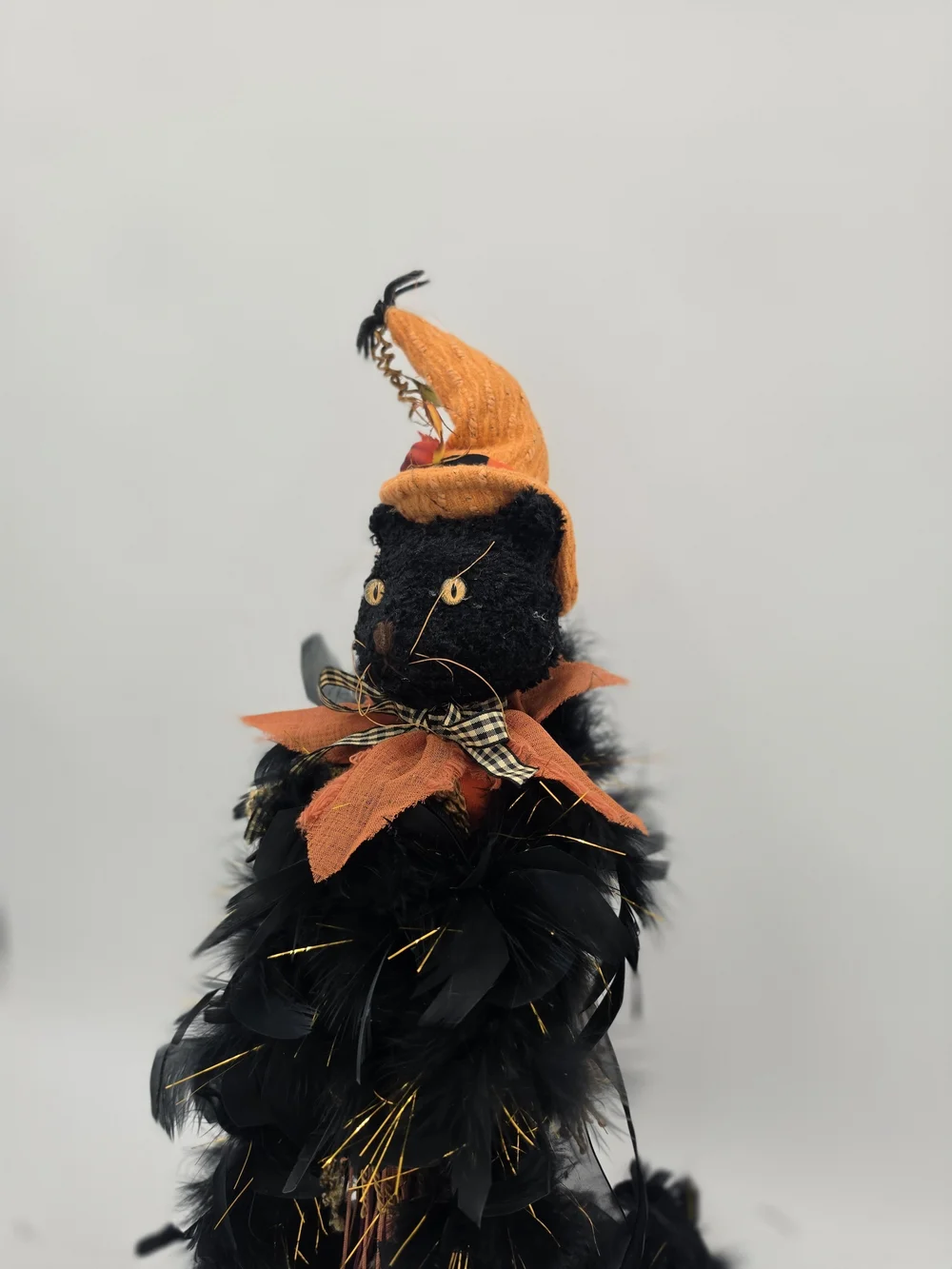 Halloween Black Feathery Cat Décor with Orange Hat
